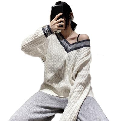 China Anti-Wrinkle Knitted Big V Neck Wool Sweater OEM Ladies Pullover Sweater for sale