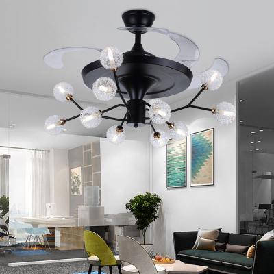 China Tricolor Blade Iron Home Stainless Steel Air Conditioning Decoration Lamp Acrylic Ceiling Fan With Led Light for sale