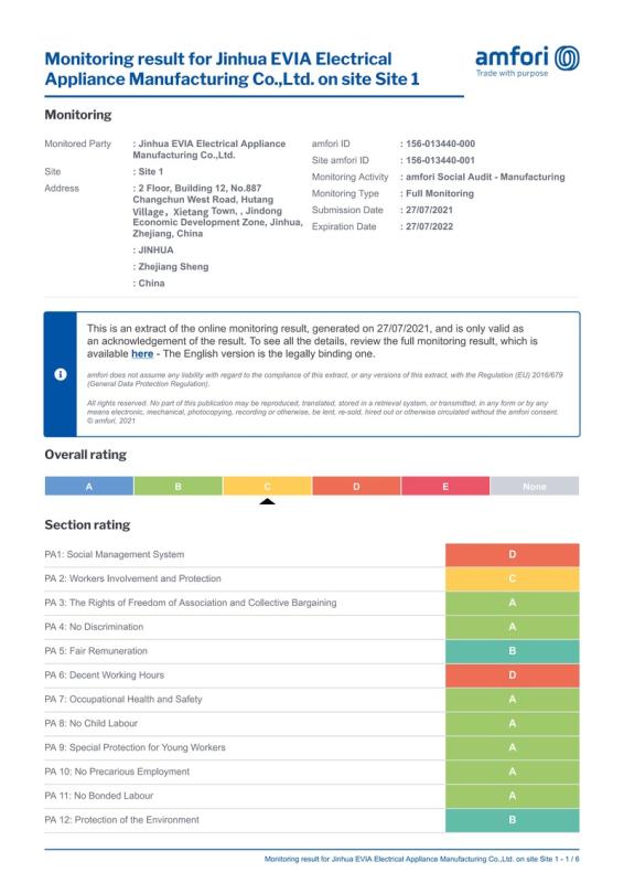 BSCI - Jinhua Evia Electrical Appliance Manufacturing Co., Ltd.