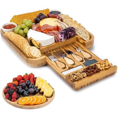 China Sustainable Professional Factory Bamboo Cheese Board Set With Cutlery In Slide-out Drawer For Home for sale