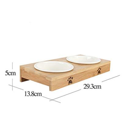 China Dog Cat Pet Feeder Stand With Double Bowls Sustainable Natural Wooden Pet Food Feeding Tray for sale