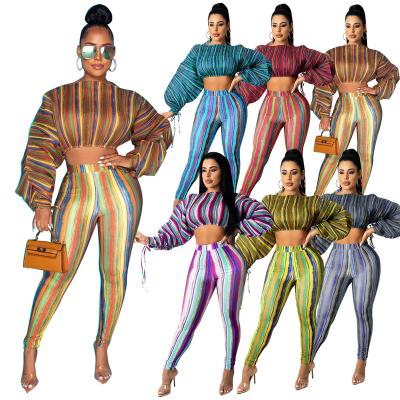 China Plus Size Fashion Waterproof Two Piece Outfits Streetwear Vertical Stripes Crop Top And Long Pants Sets Printed Women Sweat Suit Sets for sale