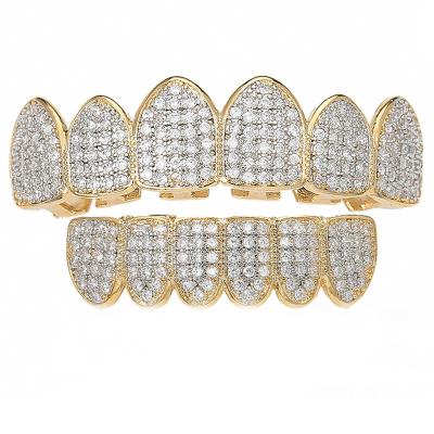 China Outlet Nickel Free Iced Out Micro Pave CZ Teeth Hats Grillz Top And Bottom Set 18k Gold Crystal Teeth Grills For Men Hitter Jewelry Wholesale for sale