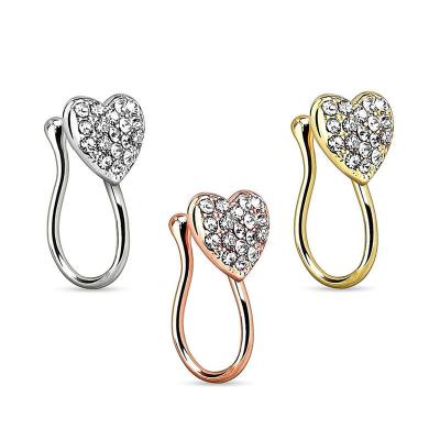 China Amazon Hot Selling Lead Free Nickel Free Stainless Steel Gold Plated Crystal Rhinestone Heart Shape Nose Ring CZ Heart Nose Stud Pave CZ Heart Nose Clip for sale