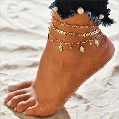 China 3pcs Set Multilayer Arrow Leaf Sequin Anklet Chain Bracelet Set Summer Beach Feet Jewelry Lead Free Nickel Free Leg Chain Anklets for sale