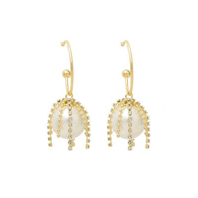 China 2022 Female Lead Free Nickel Free Crystal Rhinestone Pearl Earrings Korean Gold Plated C Circle Pearl Drop Earring For Girls for sale