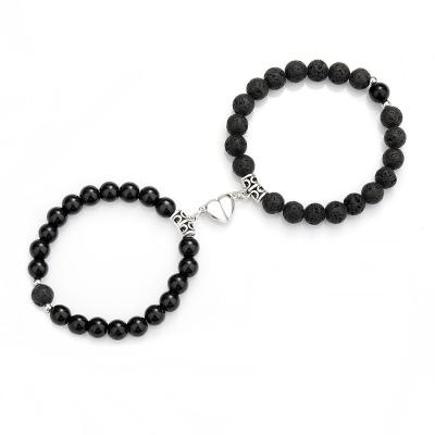 China 2022 Punk Beads Magnet Natural Stone Heart And Round Stainless Steel Bracelet For Couples for sale