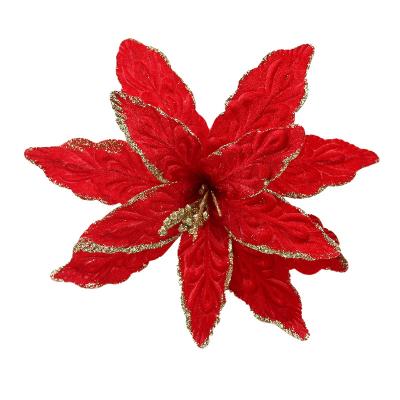 China Chirstmas Decor Christmas Holiday Decorations Faux Flower High Quality Silk Stems with Lace Glitter Christmas Red Poinsettia for sale