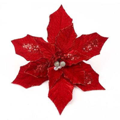 China Christmas Navidad Poinsettia Christmas Glitter Flowers Home Decor Holiday Home Decor Products Premium Poinsettia Artificial Flowers Large for sale