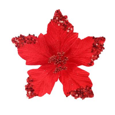 China Christmas Red Flowers Poinsettia Holiday Home Decor Products Force Supplier Glitter Velvet Holiday Home Decorations for sale