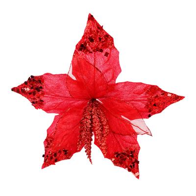 China Wholesale Red Christmas Poinsettia Flower Stems Fabric Christmas Decoration Manufacturers Holiday Home Decor Products with Glitter Red Velvet Flowers for sale