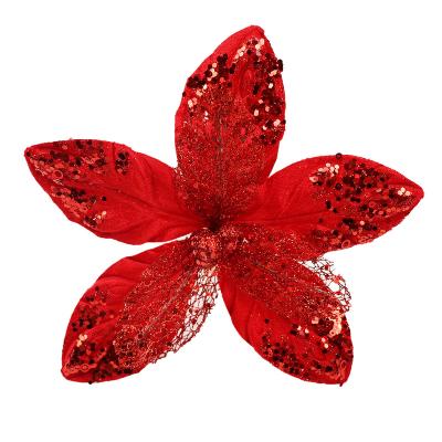 China Artificial Poinsettia Home Christmas Glitter Ribbon Lace Velvet Decoration Flower Holiday Home Decor Products Christmas Floral Poinsettia for sale