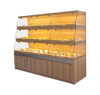 China Morden Customized Design Cabinet Breakfast Store Wooden Beverage Bread Display Rack for sale