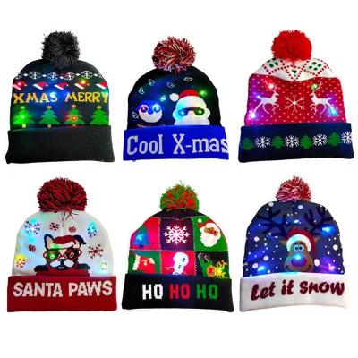 China Winter Festival New JOINT Christmas Party Pompom Led Hats Children Led Lighting Led Christmas Knitted Beanies Hat for sale