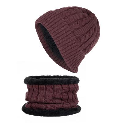 China New JOINT Beanie Hats Scarfs Set Winter Beanie Neck Warmer Set With Warm Knit Striped Fleece for sale