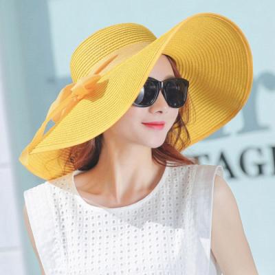 China Soft Feminine Women Straw Hat Summer Lady Outdoor Foldable Beach Sun Hats Straw Hat Bowknot Wide Brim Panama Women's Breathable Summer Hats for sale