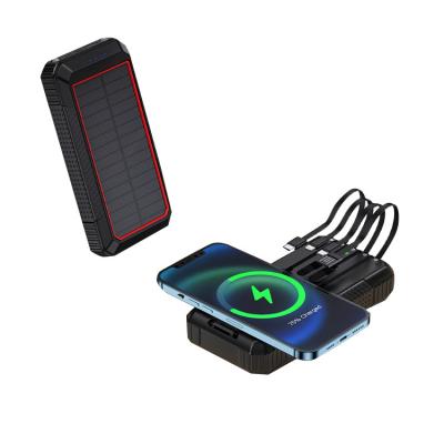 China Fast Charging Support New Hot Selling Portable 4 in 1 Bring Own Charging Line Bright LED Light Super Fast Charging Solar Power Bank for sale