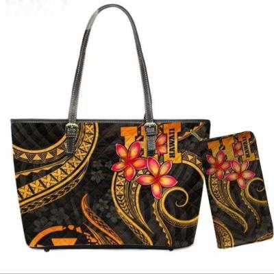 China Fashion Shopping Bag Tribal Polynesian Printing PU Tote and Wallet 2 Pcs Set Leather Handbag for sale