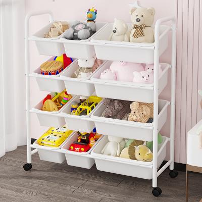 China Modern Big Size 4-Tier Children's Toy Storage Organizer Shelf Toy Storage Unit with 12 Removable Bins for Playroom Kids Room for sale