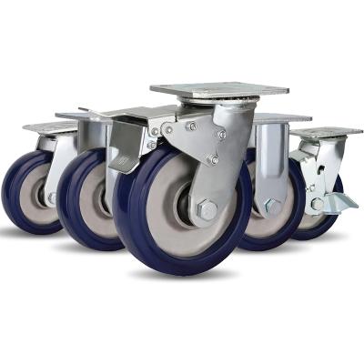 China swivel & Rigid Silent Blue Rubber Steel Swivel Bracket Plate With Double Brake Castors Industrial Heavy Duty Wheels for sale