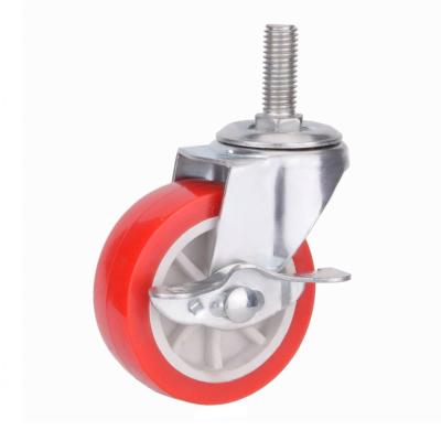 China PIVOT Screw Brake 1.5 2 Inch Light Duty Metal Connectable Bed Locking Red PVC Caster Threaded Stem Wheels Furniture Chair Casters for sale