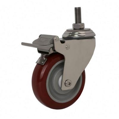 China PIVOT 4 Inch Stem Red Plastic Metal Brake Core PU Stainless Steel Caster Wheel Tire Silence Multi-Purpose Casters Wheels for sale