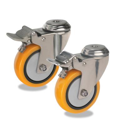 China PIVOT Stainless Steel PU Bolt Hole Silent Caster Wheels With Brake Swivel Caster Medium Duty Industrial Wheel for sale