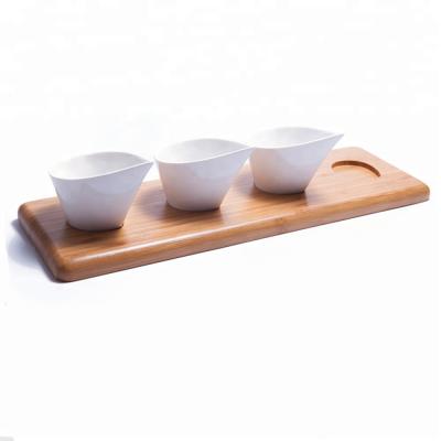 China Sustainable Kitchen Condiment Dessert Serving Dish Snack Sauce Tray Dish Set With 3 Ceramic Bowl for sale