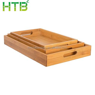 China Bamboo Solid Restaurant Breakfast Food Bed 3 Sets Flat Serving Tray With Handle for sale