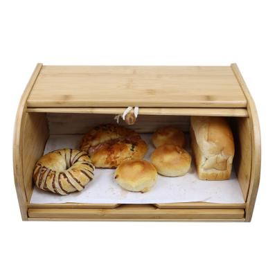 China For Natural Bamboo Bread Cake Keeper Bread Box Cake Storage With Roll Top Lid For Kitchen Dessert Store for sale