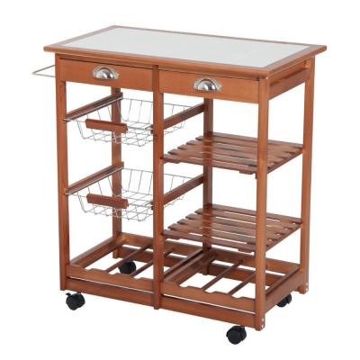 China Multifunctional Solid Wood Home Rolling Kitchen Food Storage Dinner Serving Island Carts Natural Wood Cart With Metal Basket for sale