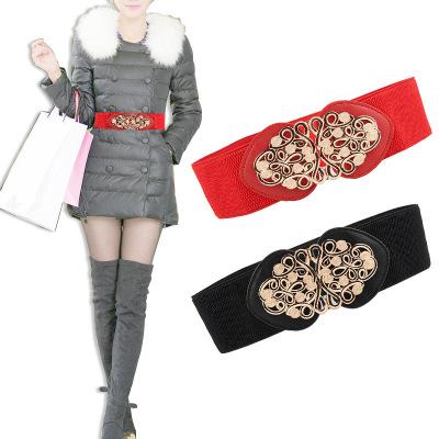 China Comfortable Korean Style Vintage Engraving Flower Decoration Pairs Buckle Elastic Cloth Belt Ladies Belt for sale