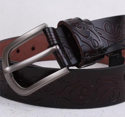 China Wholesale Genuine Leather Men's Cow Leather Belt Vintage Pattern Pin Buckle Leather Belt for sale