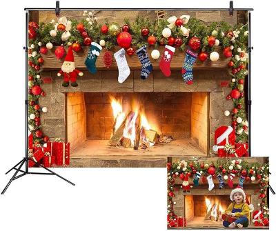 China Birthday Wedding Party Decoration Christmas Fireplace Backdrop For Photography 7x5ft Cedar Red Balls Santa Claus Christmas Sock Gifts New Year Photo Background for sale