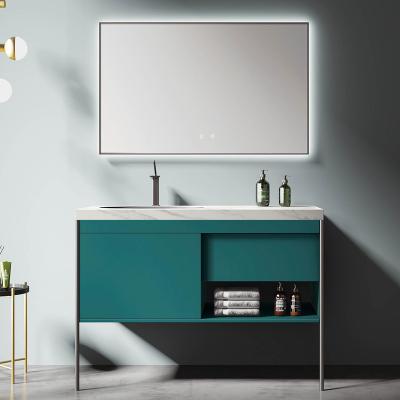 China Modern Single Door Floor Green Painted Sinter Stone Countertops With Anti Fog Mirror Bathroom Furniture for sale