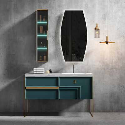 China Modern Painted Plywood FloorStanding Metal Frame Mounted Simple Modern Design Storage Sink Luxury Hotel Bathroom Furniture for sale