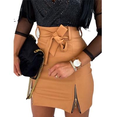 China 2021 new arrival anti-static women's clothing vendor women's sexy lacing zipper skirts split high waist PU hip skirt for sale