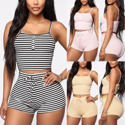 China Breathable Women Striped Summer Pajamas Set Cami Top With Shorts Set Women's Lounge Wear for sale