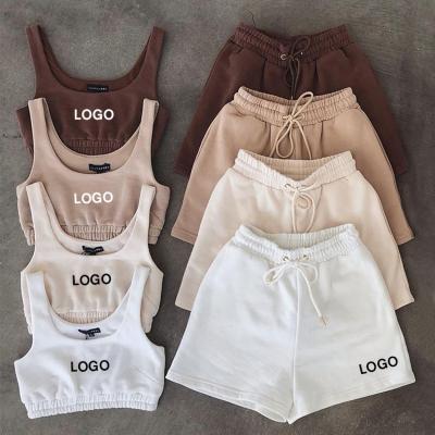 China Breathable Logo Tracksuit Custom Summer Cotton Crop Top Bra+Shorts 2 Piece Short Set Activewear Teams Bulk Wholesale for sale