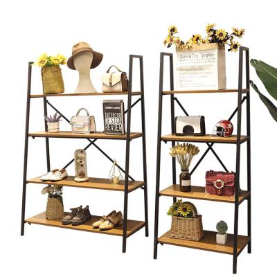 China TMJ-2553 Retail Store Custom Luxury Metal Hat Shoe Bag Display Rack Shelf Showcase Eco-friendly Shopping Wood Rack for sale