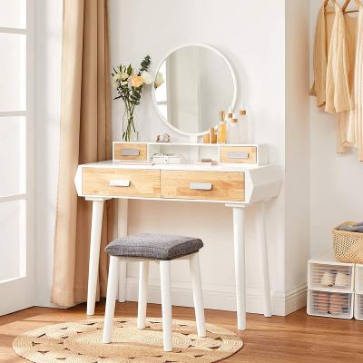 China (Other)Adjustable Vanity Set Dressing Table With Round Mirror Plus Stool Mid Century Modern Dressing Table 4 Drawers for sale