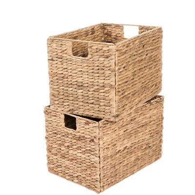 China Apparel Decorative Hand & Woven Water Hyacinth Wicker Storage Baskets, Set of Two Baskets 16x11x11 Perfect for Shelving Units for sale