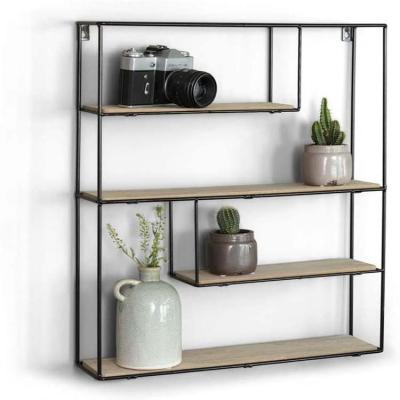 China Rectangle Wall Shelf Unit (Height), Adjustable Wood and Black Metal Mounted Shelves, Decorative Hanging Shelves for sale