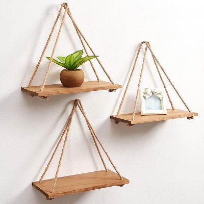 China (Other) 3 Pieces Adjustable Set Of Wood Wall Hanging Display Rack, Wooden Floating Hanging Rack Swing Rope Rack, Rustic Style Wall De for sale