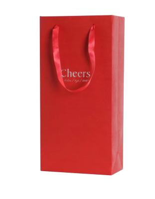 China Recyclable Red Kraft Paper Die Cut Single Paper Wine Bottle Bag With Handles for sale