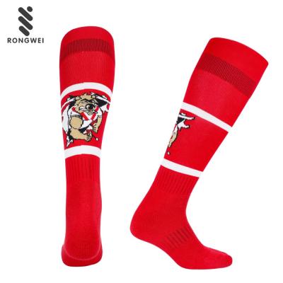 China Custom Red Bull Knee High Long Football Team Sports Socks Antibacterial for sale