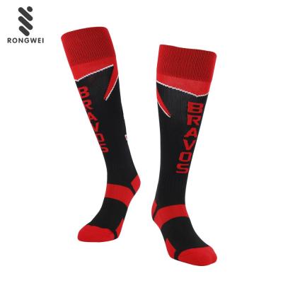 China Custom Antibacterial Red And Black Knee High Team Logo Sports Socks For Football for sale