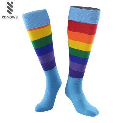 China Fashion New Design Rainbow Color Antibacterial Custom Knee High Football Sock for sale