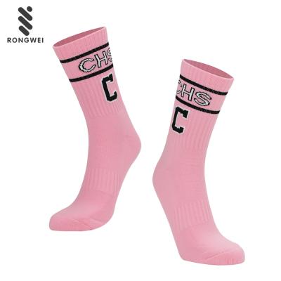 China Antibacterial Custom Design Thick Pink Crew Stripe Baseball Socks for sale