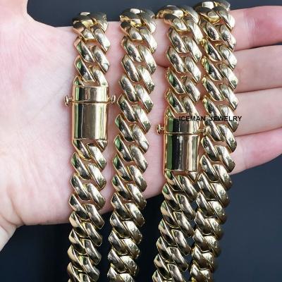 China Hiphop Iceman Jewelry 14mm Hip Hop High Plain 14K Gold Polish Cuban Link Chain Necklace for sale